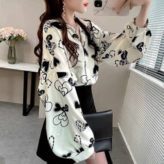 Lantern Sleeve Printed Lapel Button Casual Chiffon Shirt