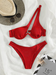 Solid Hollow Out Ribbed Swimwear Bikini Set One Shoulder Bathing Suit