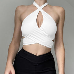 Sleeveless Bandage Halter Wrap Chest Hollow Out Sexy Tank Top Women Fashion Streetwear Outfits Halter Tops White Corset Top