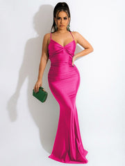 Lace Up Solid Satin Backless Maxi Dress