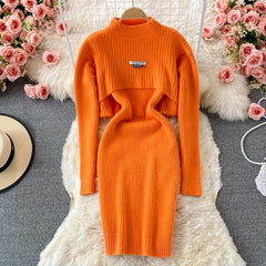 Elegant Slim Two Piece Sets Sweater Dress High Waist Knitted Ensemble Long Dress