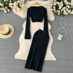 Elegant Slim Two Piece Sets Sweater Dress High Waist Knitted Ensemble Long Dress