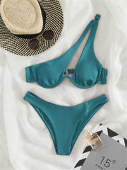 Solid Hollow Out Ribbed Swimwear Bikini Set One Shoulder Bathing Suit