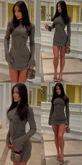 Illusion Bodycon Mini Dress O-Neck Split Flare Sleeve Wrap Skirt Solid Slim Bodycon