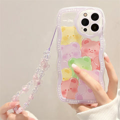 Cute Crystal Bow Lanyard Phone Case for iPhone 13 12 11 Pro Max Transparent Wave Wrist Chain Shockproof Back Cover