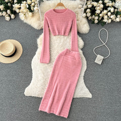 Elegant Slim Two Piece Sets Sweater Dress High Waist Knitted Ensemble Long Dress