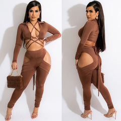Sexy Bandage Two Piece Pant Sets Women Party Club Birthday Outfits Criss Cross Lace-up Crop Top and Cut Out Pants Matching Sets