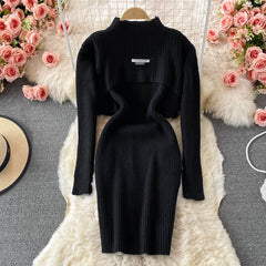 Elegant Slim Two Piece Sets Sweater Dress High Waist Knitted Ensemble Long Dress