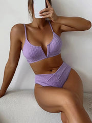 High Waist Bikini Swimwear Women Deep V Neck Solid Swimsuit