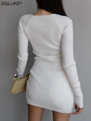 Long Sleeve Knitted Dress V-Neck Ribbed Bodycon Dress