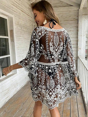 Fitshinling Lace Summer Dresses Women Beach Cover Up Swimwear Floral Transparent Sexy Hot Pareo Beachwear Outfits Short Dress