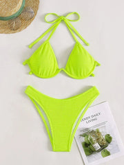 Plain Textured Underwired Swimsuit Two-piece V shape Wire Bikini