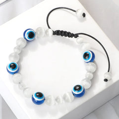 Blue Evil Eye Beaded Bracelets Natural Cat Eye Stone