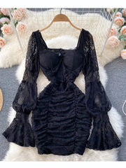 Lace Bodycon Party Dress Lantern Sleeve Gothic Mini Dress