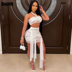 Mesh Sexy Two Piece Bandage Skirt Set for Women Crop Top Mini Skirts Set Club Party Summer 2 Piece Set Women Festival Clothing
