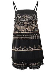 Women Two Piece Outfits 2022 Wome Tribal Print Tassel Trim Halter Top &amp; Vintage Shorts Set