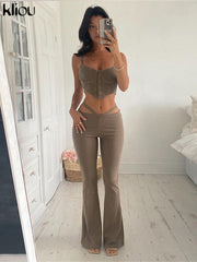 Kliou Knitted Elegant Two Piece Set Women Autumn Classic Button Camisole+Flare Pants Matching Outfit Lady Minimalist Clothing