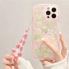 Cute Crystal Bow Lanyard Phone Case for iPhone 13 12 11 Pro Max Transparent Wave Wrist Chain Shockproof Back Cover