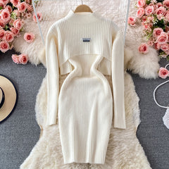 Elegant Slim Two Piece Sets Sweater Dress High Waist Knitted Ensemble Long Dress