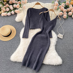 Elegant Slim Two Piece Sets Sweater Dress High Waist Knitted Ensemble Long Dress