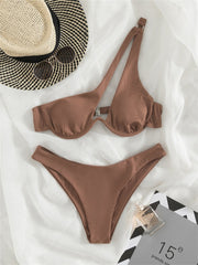 Solid Hollow Out Ribbed Swimwear Bikini Set One Shoulder Bathing Suit