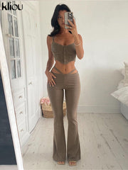 Kliou Knitted Elegant Two Piece Set Women Autumn Classic Button Camisole+Flare Pants Matching Outfit Lady Minimalist Clothing