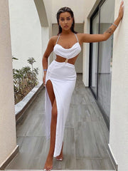 Cryptographic Straps Sexy Backless Split Maxi Dress Summer Holiday Elegant Cut Out Sleeveless Dresses Evening Club Party Solid