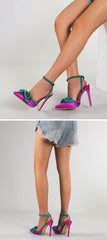 Silk Pumps Woman Ankle Buckle Strap Pointed Toe High Heel Sandal Shoes