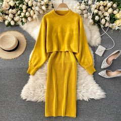 Elegant Slim Two Piece Sets Sweater Dress High Waist Knitted Ensemble Long Dress