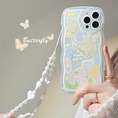 Cute Crystal Bow Lanyard Phone Case for iPhone 13 12 11 Pro Max Transparent Wave Wrist Chain Shockproof Back Cover