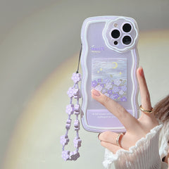 Cute Crystal Bow Lanyard Phone Case for iPhone 13 12 11 Pro Max Transparent Wave Wrist Chain Shockproof Back Cover