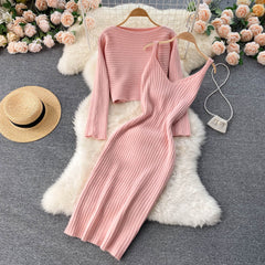 Elegant Slim Two Piece Sets Sweater Dress High Waist Knitted Ensemble Long Dress