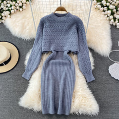 Elegant Slim Two Piece Sets Sweater Dress High Waist Knitted Ensemble Long Dress