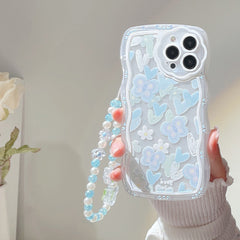 Cute Crystal Bow Lanyard Phone Case for iPhone 13 12 11 Pro Max Transparent Wave Wrist Chain Shockproof Back Cover