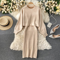 Elegant Slim Two Piece Sets Sweater Dress High Waist Knitted Ensemble Long Dress