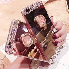 Glitter Diamond 360 Rotation Ring Stand TPU Mirror Rhinestone case for iphone