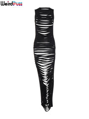 Weird Puss Hollow Sexy Dress Women Midnight Party Dresses Side Split Round Neck Maxi Sleeveless Bodycon Stretch Skinny Clubwear