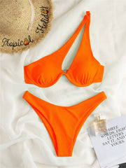 Solid Hollow Out Ribbed Swimwear Bikini Set One Shoulder Bathing Suit