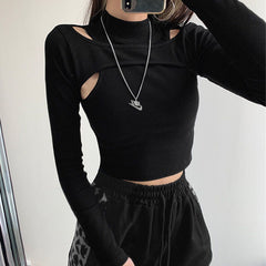Hollow Knitted Crop Tops Women Fake Two-piece T-shirt Long Sleeve Tops