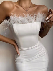 Sexy Strapless Feather Midi Dress