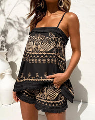 Women Two Piece Outfits 2022 Wome Tribal Print Tassel Trim Halter Top &amp; Vintage Shorts Set