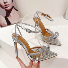 Transparent PVC Rhinestone Pumps Silver Pointed Toe Bowknot Sandals High Heels Crystal Shoes