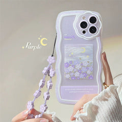 Cute Crystal Bow Lanyard Phone Case for iPhone 13 12 11 Pro Max Transparent Wave Wrist Chain Shockproof Back Cover