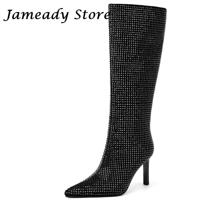 Jameady Bling Stiletto High Heel Pointed Toe Zipper Knee High Boots Rhinestones