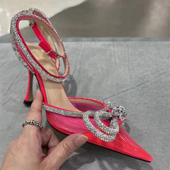 Glitter Rhinestones Pumps Crystal bowknot Satin Shoes Genuine leather High heels