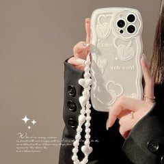 Cute Crystal Bow Lanyard Phone Case for iPhone 13 12 11 Pro Max Transparent Wave Wrist Chain Shockproof Back Cover