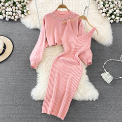 Elegant Slim Two Piece Sets Sweater Dress High Waist Knitted Ensemble Long Dress