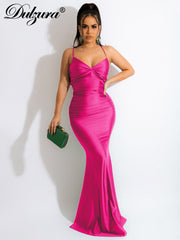 Lace Up Solid Satin Backless Maxi Dress