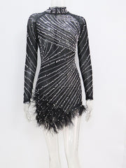 Luxury Rhinestones Pearls Feather Mini Dress