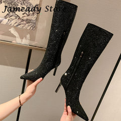 Jameady Bling Stiletto High Heel Pointed Toe Zipper Knee High Boots Rhinestones